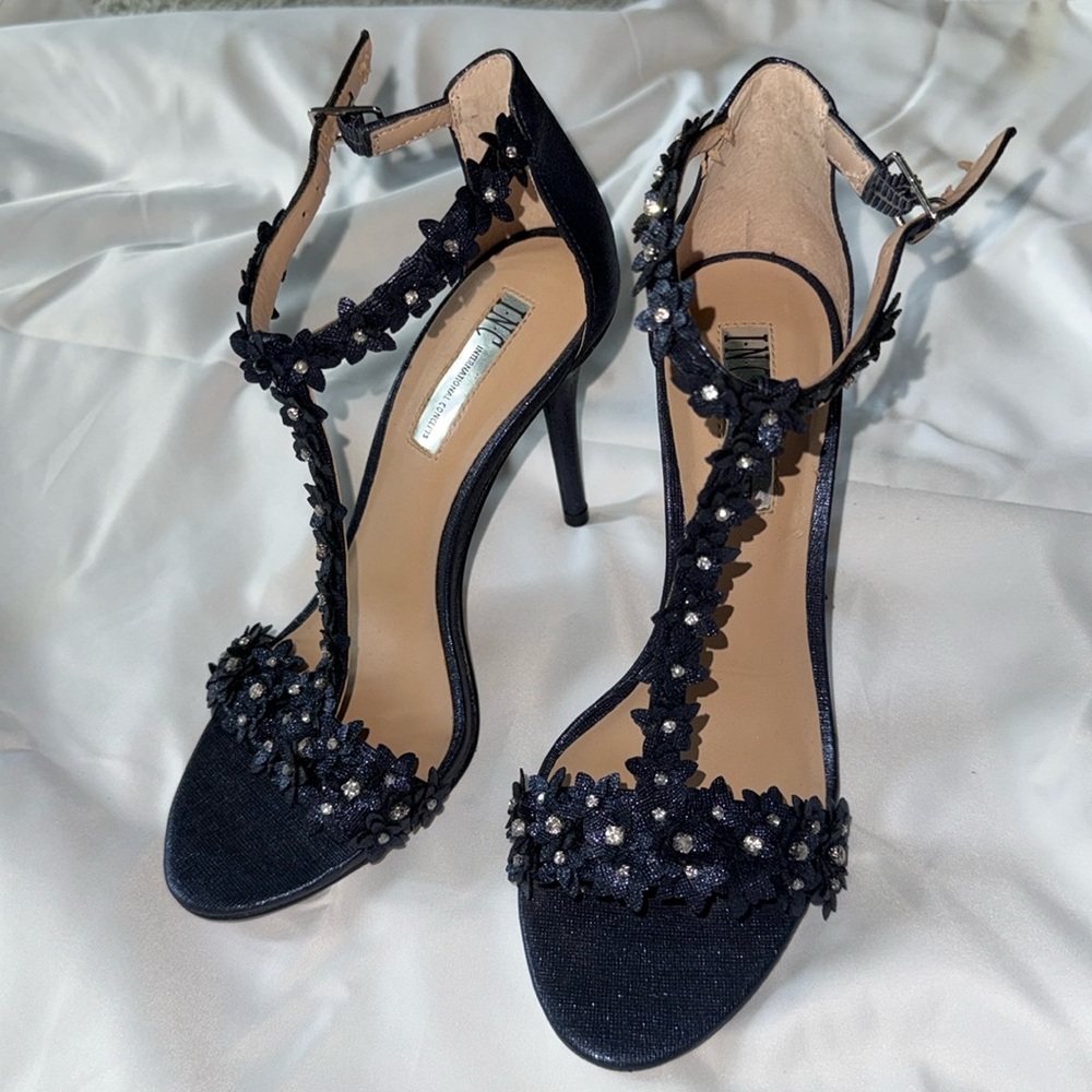 INC International Concepts Navy Floral T-Strap Crystal Heels